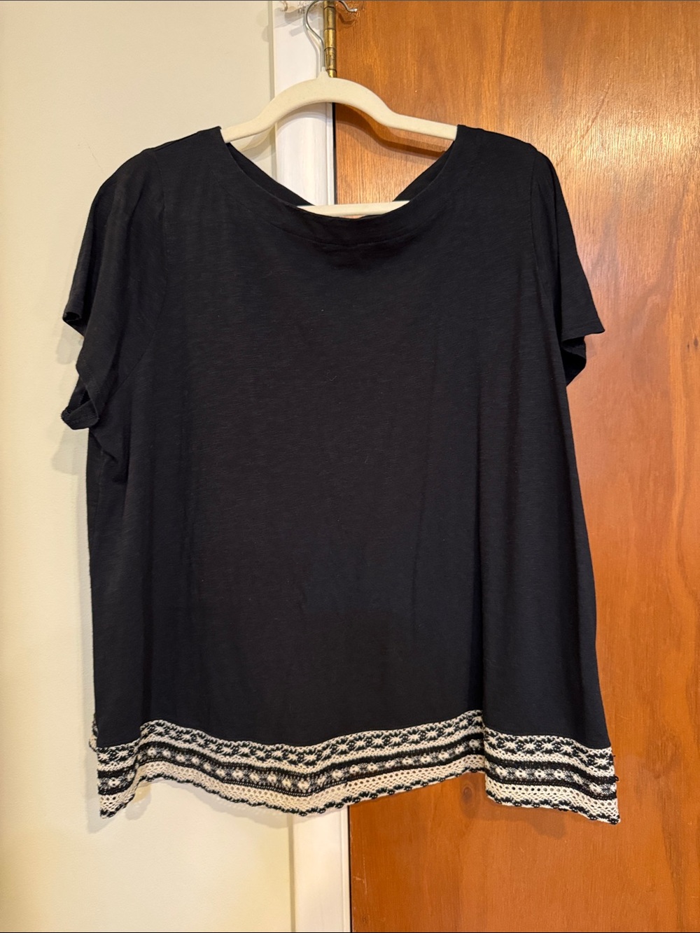 J. Jill Black Short Sleeve Top with White Trimmed Lace Hem